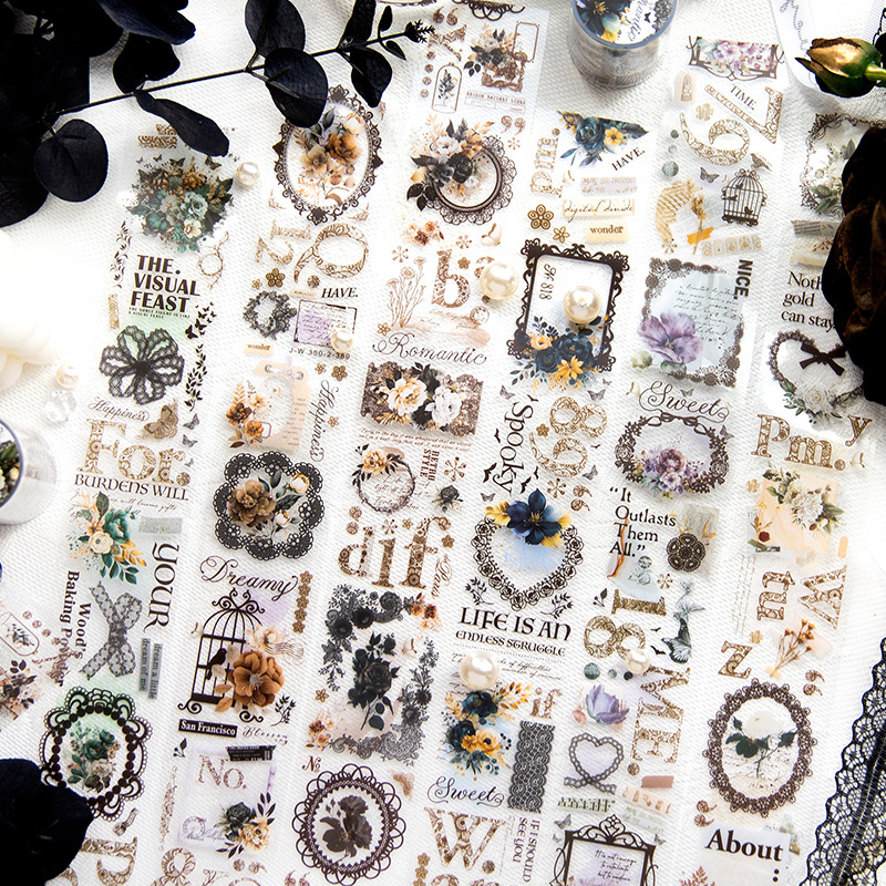 言己PET胶带 蕾丝暗夜曲系列 复古蕾丝手帐装饰素材拼贴6款