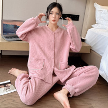 女士中等三层加厚绒家居服秋冬季大码保暖睡衣纯色长袖两件套批发