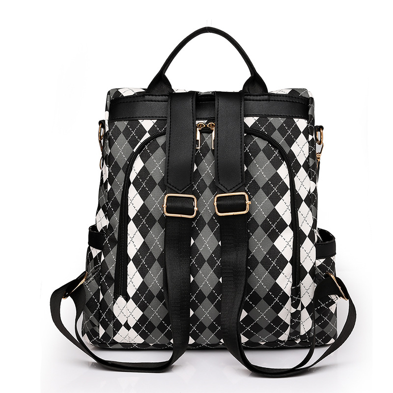 2023 nueva mochila antirrobo de cuero suave para mujer de color en contraste, mochila de viaje ligera al aire libre de gran capacidad a cuadros de moda