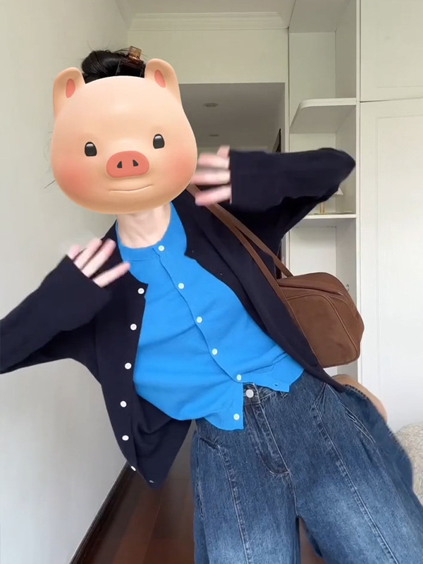 欧货独特别致蓝色假两件针织开衫女春秋撞色拼接毛衣外套洋气上衣|undefined