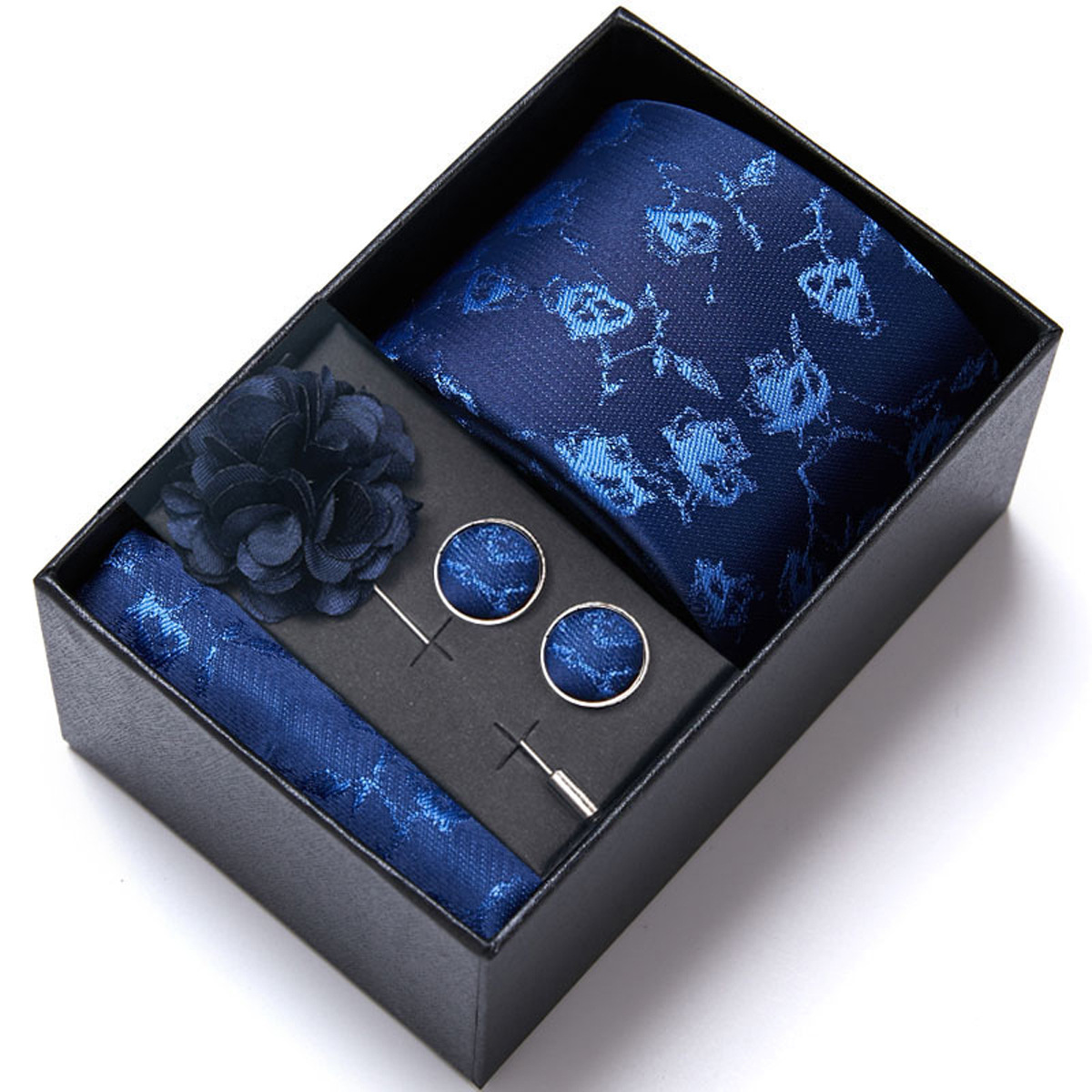 男性の新しい青いストライプのプリントネクタイのスカーフのカフスの胸の花のギフトボックスの包装の贈り物の佳品は祝日に適します。