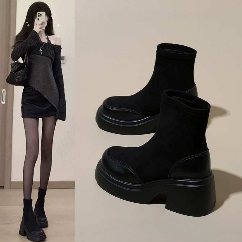женские ботинки 2025 осень и зима новые укороченные ботинки на толстой подошве для похудения и увеличения роста, эластичные узкие ботинки на толстом каблуке, женская обувь на флисовой подкладке