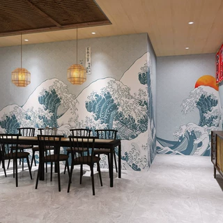 浮世绘日本和风海浪壁纸神奈川冲浪壁画日本居酒屋寿司料理店墙纸
