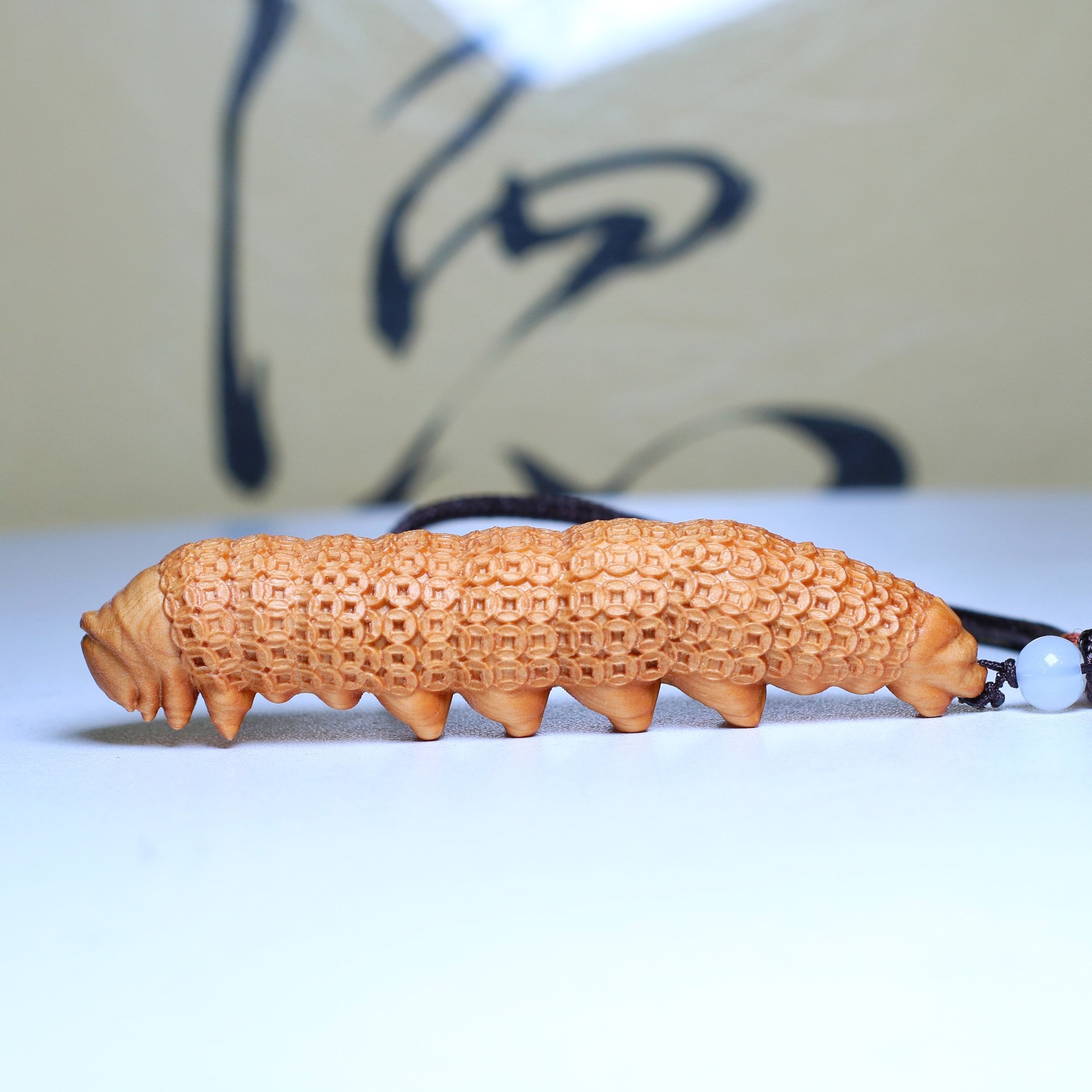 Yabai Wood Carving Waist-Round Wealth Attracting Silk Worm Figurine Creative Novelty Handheld Piece for Play, Desk Decoration, Shelf Ornament, and Hanging Ornament