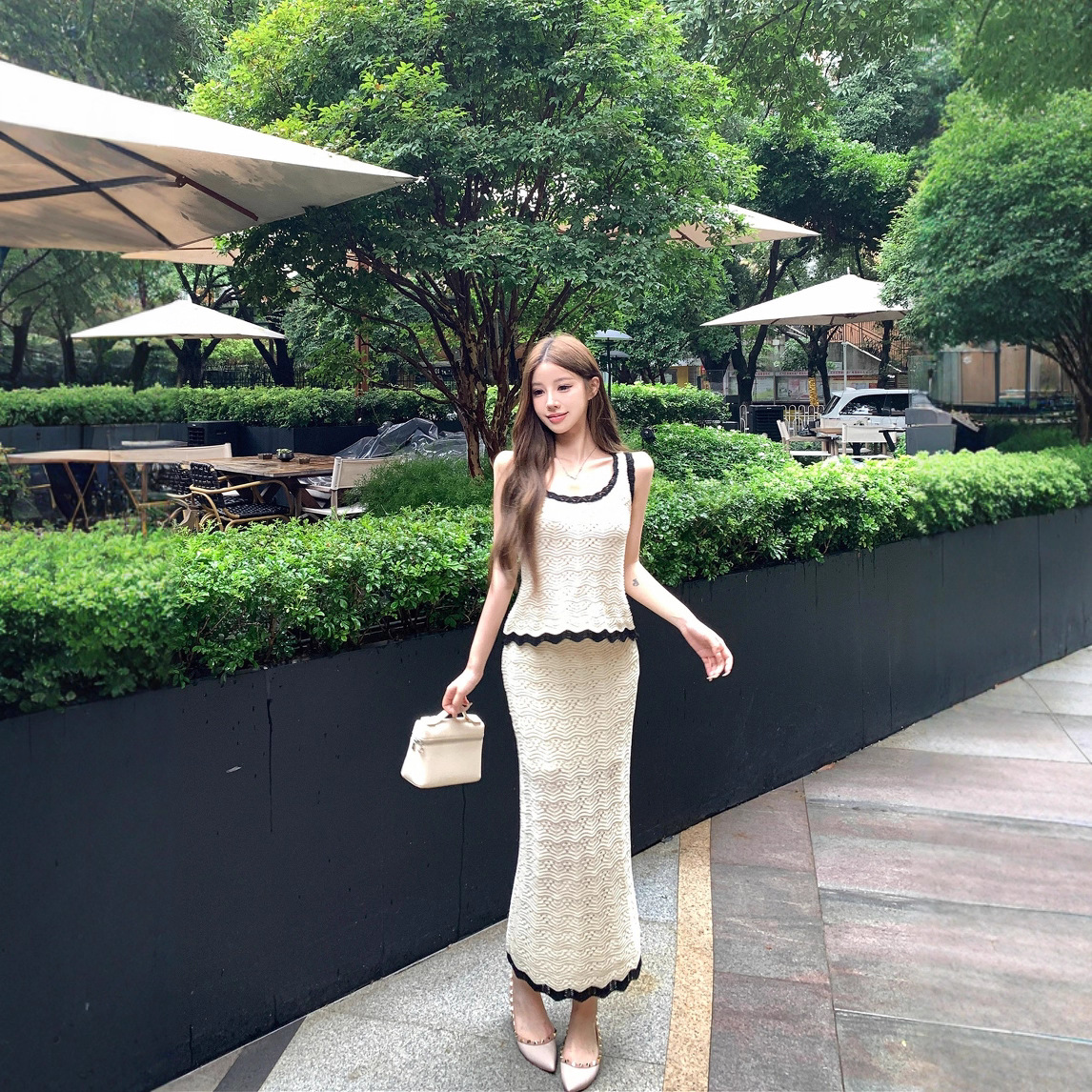 实拍现货2025春夏季新款花撞色针织U领背心吊带短裤长裙三件套女