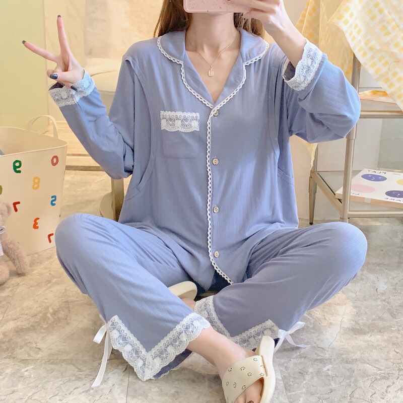 Lapel Dark Stripe Modal Lace Moon Suit Spring and Autumn Thin Pajamas Nursing Cardigan Pregnant Women's Pajamas Set