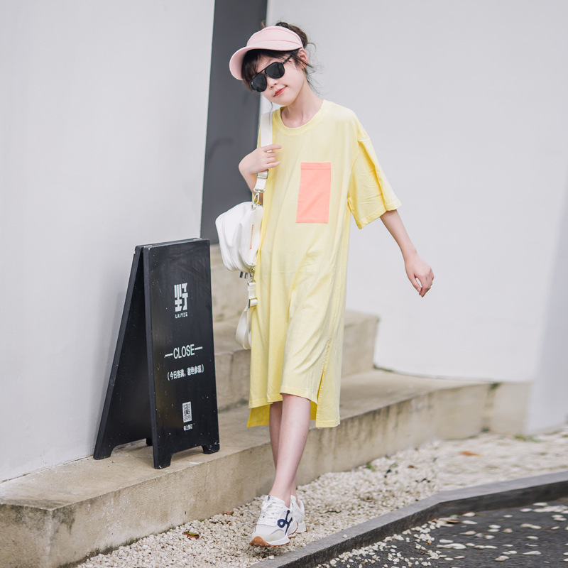 Vestido de las niñas 2023 verano nuevo vigoroso dulce puro algodón camiseta falda niños medianos y grandes sueltos de longitud media camiseta