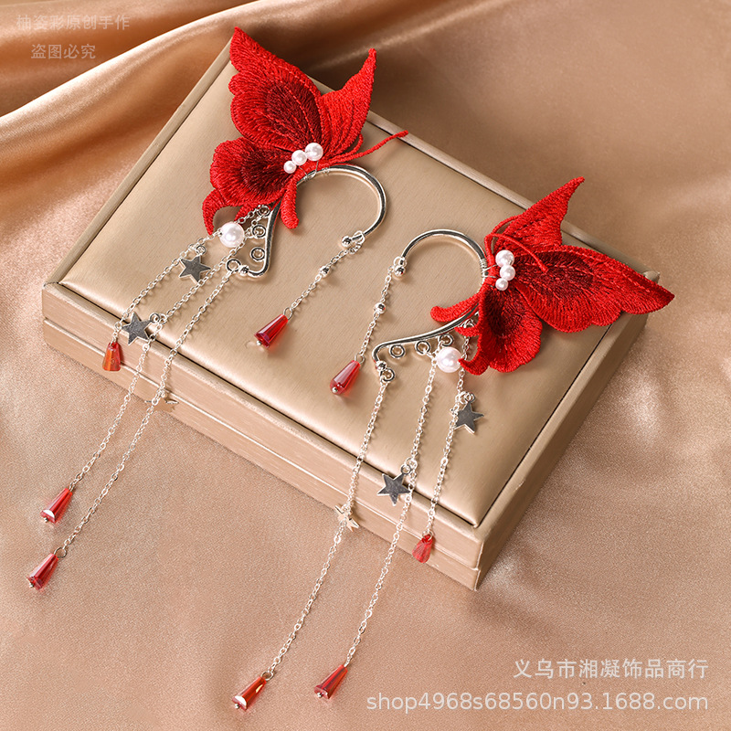 New Style Red Fabric Butterfly Star Tassel Earrings, Stylish and Unique Statement Earrings, Trendy Influencer Ear Accessories