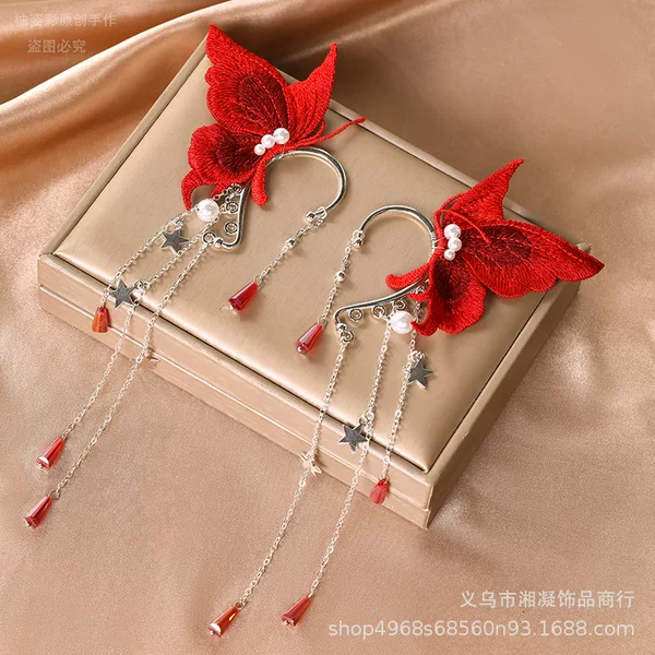 New Style Red Fabric Butterfly Star Tassel Earrings, Stylish and Unique Statement Earrings, Trendy Influencer Ear Accessories