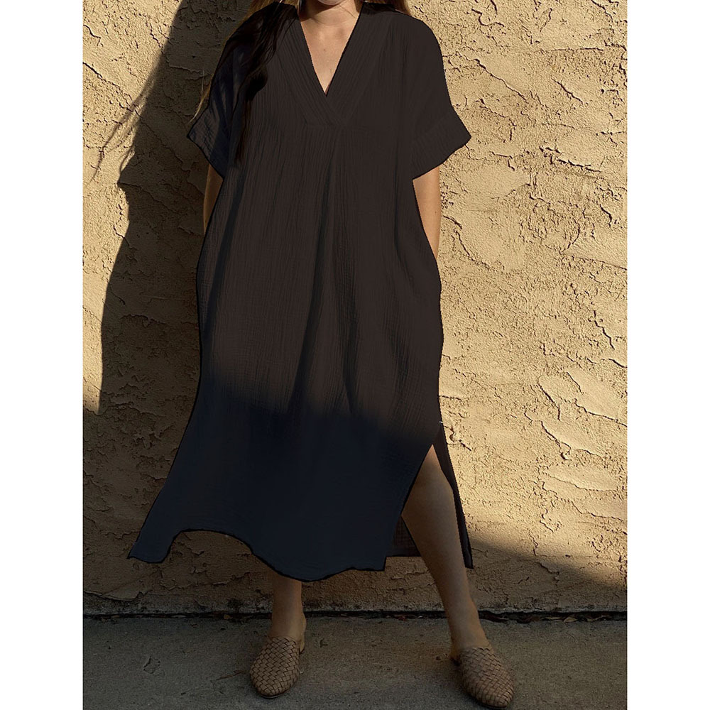 Women's Slit Dress Casual V Neck Short Sleeve Solid Color Maxi Long Dress Daily display picture 3