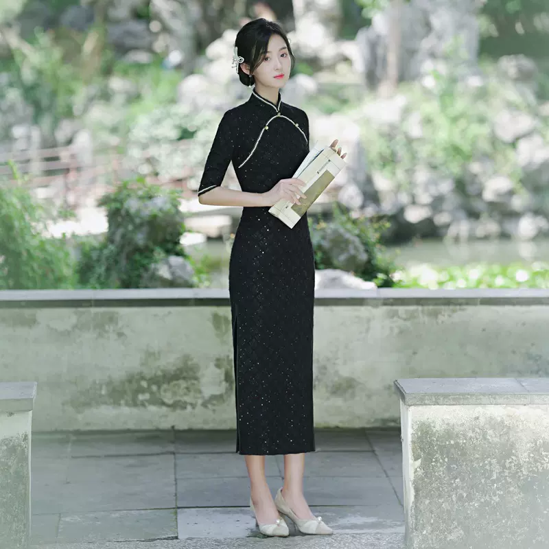 羽毛纱蕾丝2025春季新款优雅修身显瘦复合蕾丝长款改良旗袍连衣裙