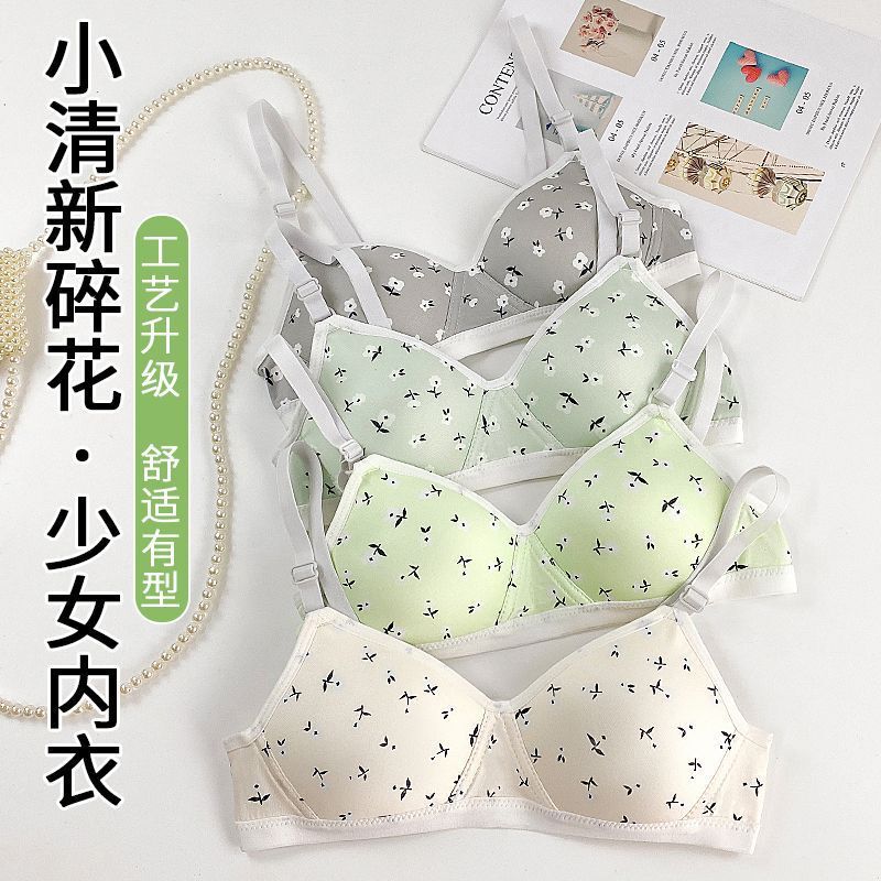 New Style Cute Bra for Young Girls in Their Developmental Stage, No Underwire, Push-Up, Comfortable, Breathable, Thin, Floral Pattern for Students