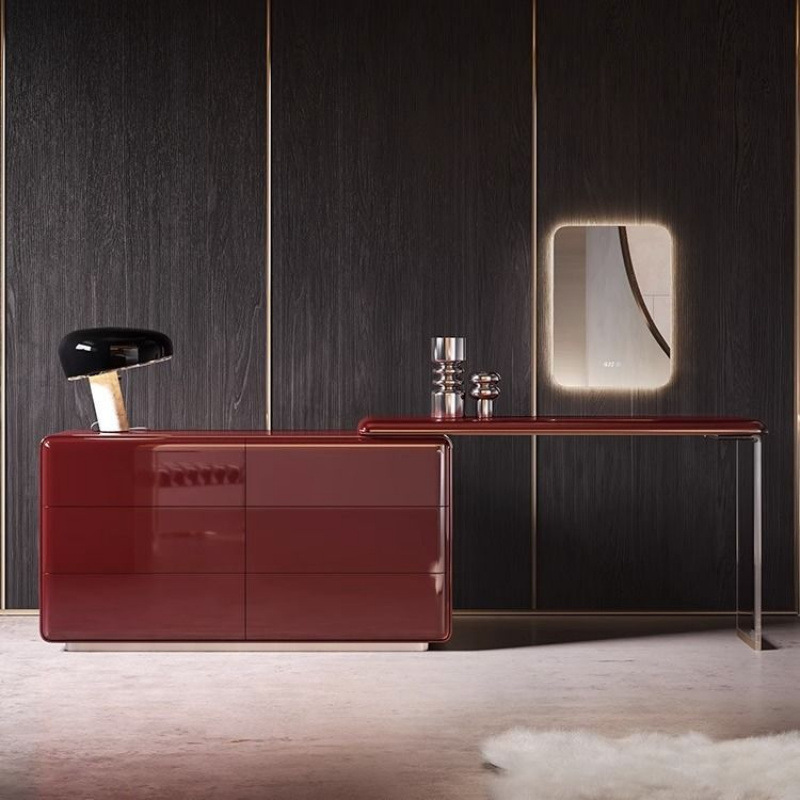 High-End Light Luxury Italian Dressing Table Minimalist Extendable Dressing Table with Gemstone Bright Red Dressing Table Combination Hong Kong Style