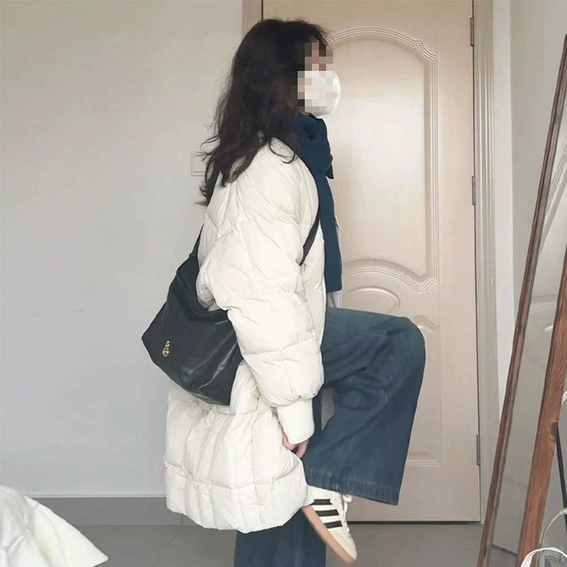White colored long demi-season keep warm down jacket with down, mid-length