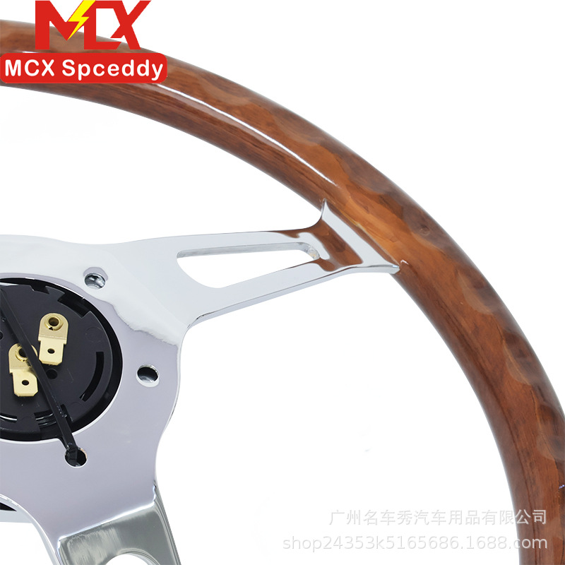 Cross-border modification 15inch peach wood color retro steering wheel 380mm universal concave electroplated bracket with a hole spacing of 70mm