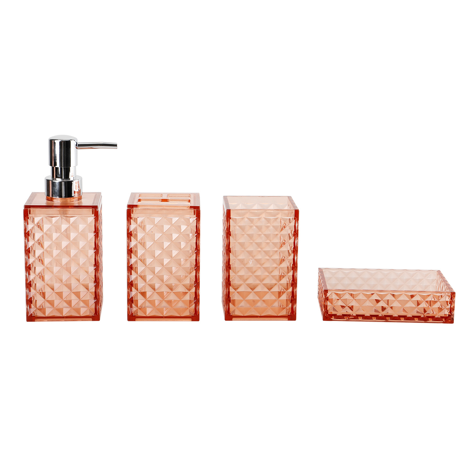 Cuarto de baño de plástico de cuatro piezas de diamante transparente Plaid fábrica al por mayor lavado baño enjuague bucal cepillo titular de cuatro piezas conjunto