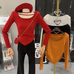 修身顯瘦長袖t恤女2023秋冬新款純欲甜辣妹緊身內搭短款配掛脖上