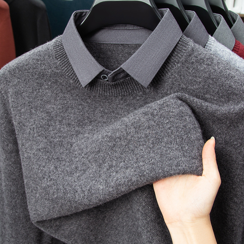 Tiktok Trending 100% Wool Sweater for Men, Faux Two-Piece Sweater, Autumn and Winter Shirt Collar, Thickened Warm Base Knit Tiktok Trending 100% Wool Sweater for Men, Faux Two-Piece Sweater, Autumn and Winter Shirt Collar, Thickened Warm Base Knit