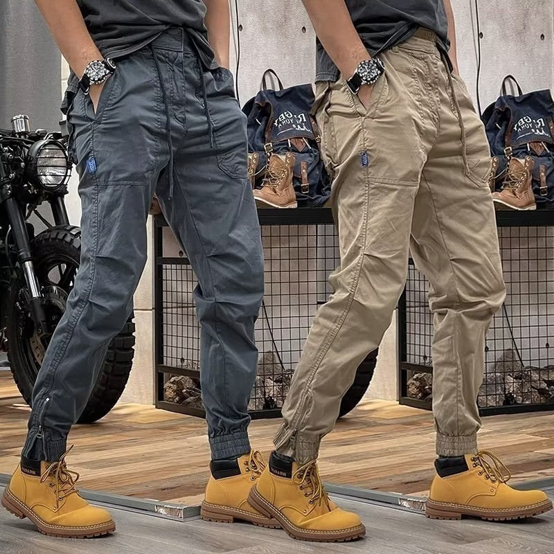 American Retro Cargo Pants For Men, Spring And Autumn Style, Y Brand Jogger Pants, Multi-Pocket, Elastic Waist, Versatile Casual Cropped Pants