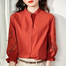 红色重工刺绣衬衫女设计感小众2024夏季立领通勤风衬衣七分袖上衣