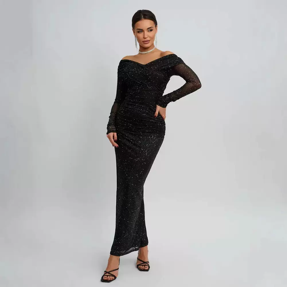 亚马逊秋季新款欧美性感气质风连衣裙抹胸长袖网纱敬酒服长款礼服