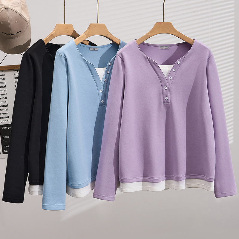 Autumn New Plus Size Women's 125kg Korean Style Slimming V-Neck Fake Two-Piece Thin Sweatshirt S2013