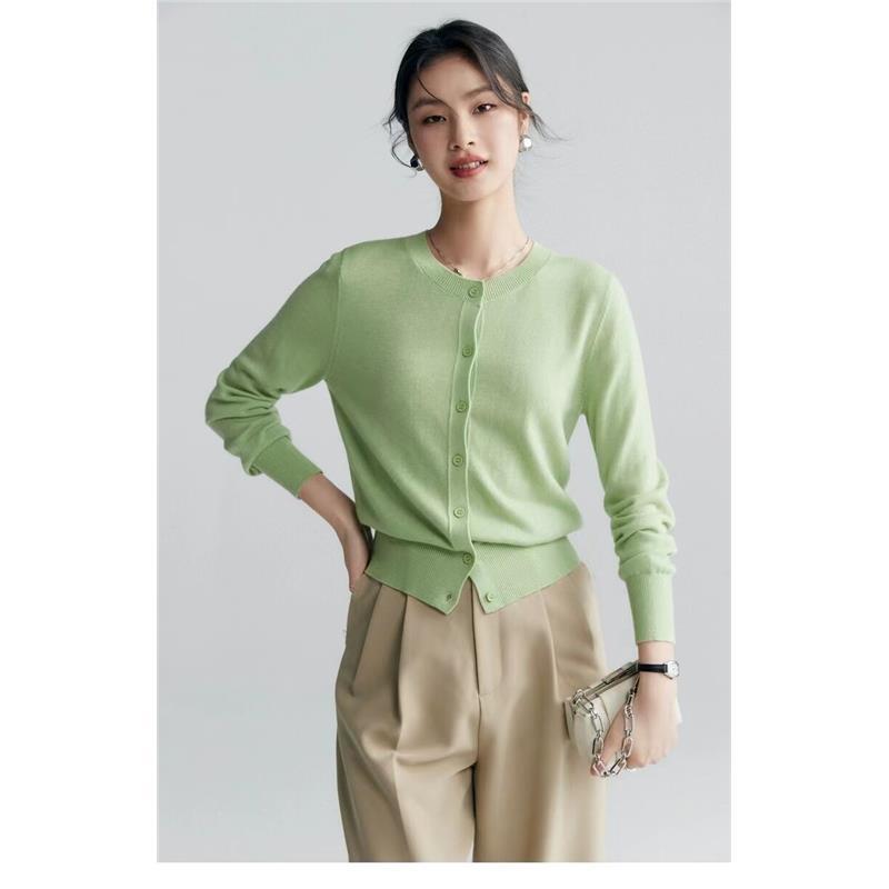 2025 Spring and Autumn New Simple Color Knitted Cardigan Women's Round Neck Thin Casual Loose Top Women's Fashion