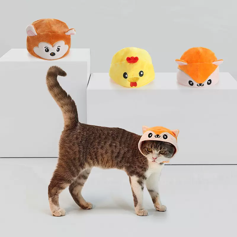 工厂批发可爱毛绒卡通动物呆萌猫咪头套魔术贴易拆易洗猫咪小帽子