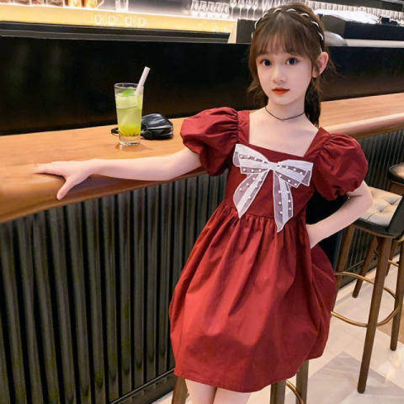 Платье для девочек летнее платье с короткими рукавами 2022 Новое корейское платье принцессы с бантом модная юбка для маленьких девочек