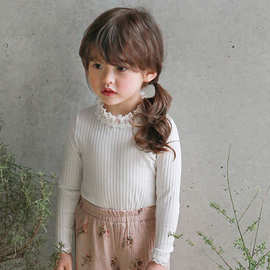 2024春草莓珊韩国儿童女孩洋气蕾丝小立领条纹T恤公主打底衫现货