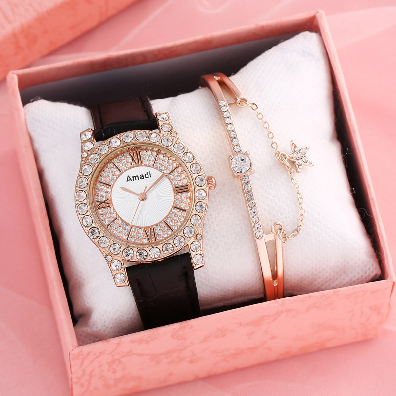 Amadi new belt Roman literal full Diamond luxury women's elegant all-match Watch + bracelet quartz watch gift box