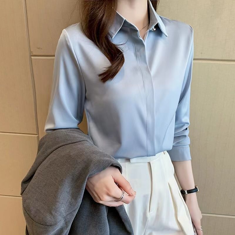 杭州のシルクのシャツの女性の長袖の春秋服の新型の绢糸の上着の白い職業は底のシャツの女性を詰めます。|undefined