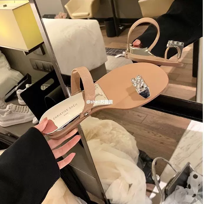 现货秒发！时尚百搭新款鸽子蛋水钻坡跟套趾平底拖鞋女凉拖外穿夏