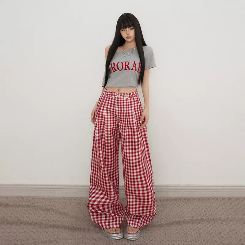 美式红色格子裤女2025年夏季新款直筒宽松高腰慵懒显瘦阔腿休闲裤