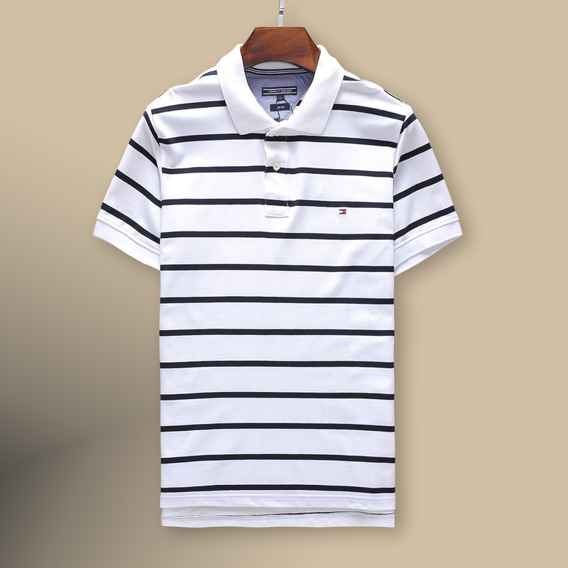貿易夏 TOMMY トミーストライプ半袖ポロシャツメンズピュアコットンメンズラペル半袖 Tシャツカジュアル|undefined