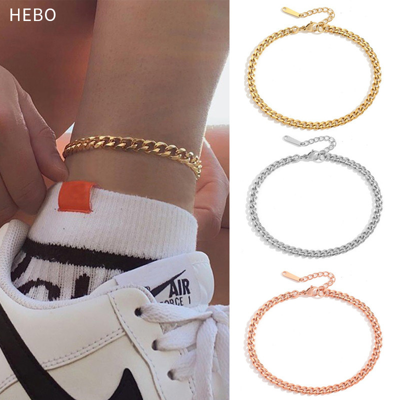 Anklet Europe and the United States cross-border titanium steel gold-plated stainless steel anklet 4mm mirror polished Cuban chain wholesale ins minimalist