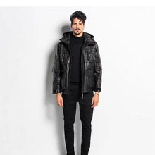 全皮头层胎牛皮皮衣男连帽皮夹克机能服工装鸭绒外套皮草纯牛皮