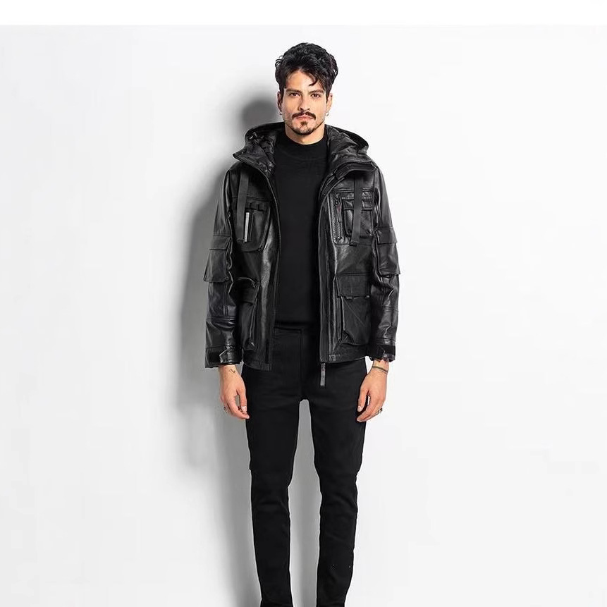 全皮头层胎牛皮皮衣男连帽皮夹克机能服工装鸭绒外套皮草纯牛皮