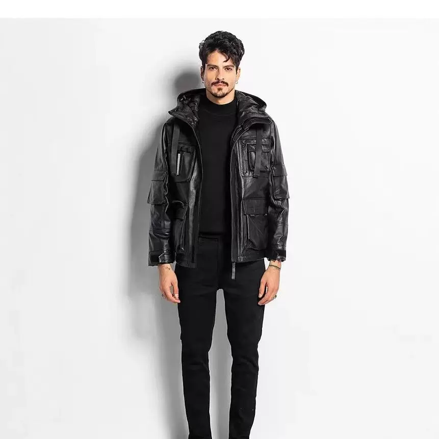 全皮头层胎牛皮皮衣男连帽皮夹克机能服工装鸭绒外套皮草纯牛皮