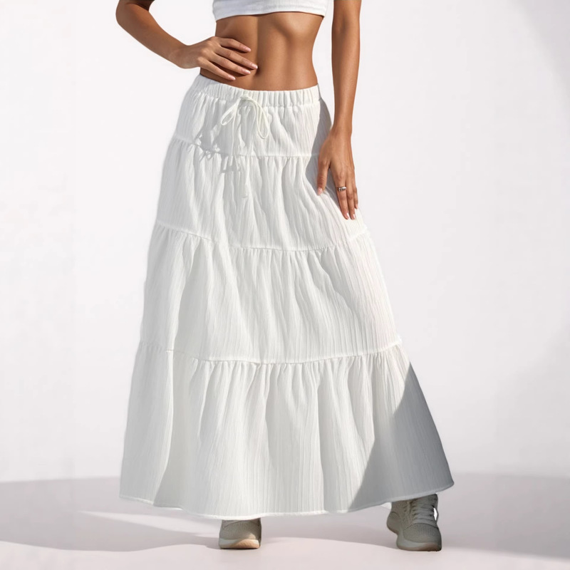 Cross-Border Amazon Women's Clothing 2025 New White Elegant Skirt with Tie, Large Hem Skirt, European and American Loose Long Skirt for Women