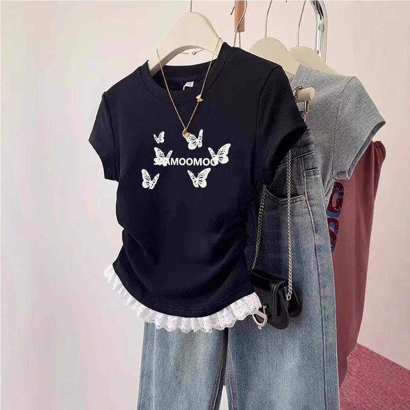 Internet Celebrity Lace Pure Cotton Short-Sleeved 2025 Summer New Design Pinch Waist Pleated Right Shoulder Round Neck T-Shirt