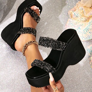 Spring and Summer New Cross-border Export Wedge Heel Thick-soled Rhinestone Waterproof Platform Platform Platform Fashion 10cm Women's Sandals Slippers