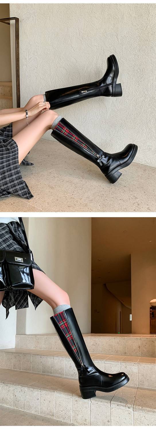 Boot nữ cổ cao họa tiết kẻ sọc Anh quốc, tăng chiều cao, thiết kế kéo khóa kép, thời trang thu đông, không qua gối — Lót nhung đen, Trong danh sách đen chi tiết 9