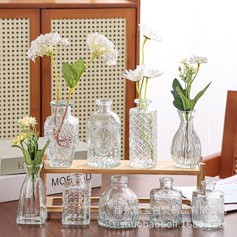 De estilo europeo retro pequeño florero botella de aromaterapia de vidrio mini jarrón transparente decoración de la sala de estar simple mesa de comedor decoración del hogar