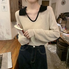 实拍实价 早秋韩版气质减龄撞色polo领宽松6羊毛针织衫长袖女上衣