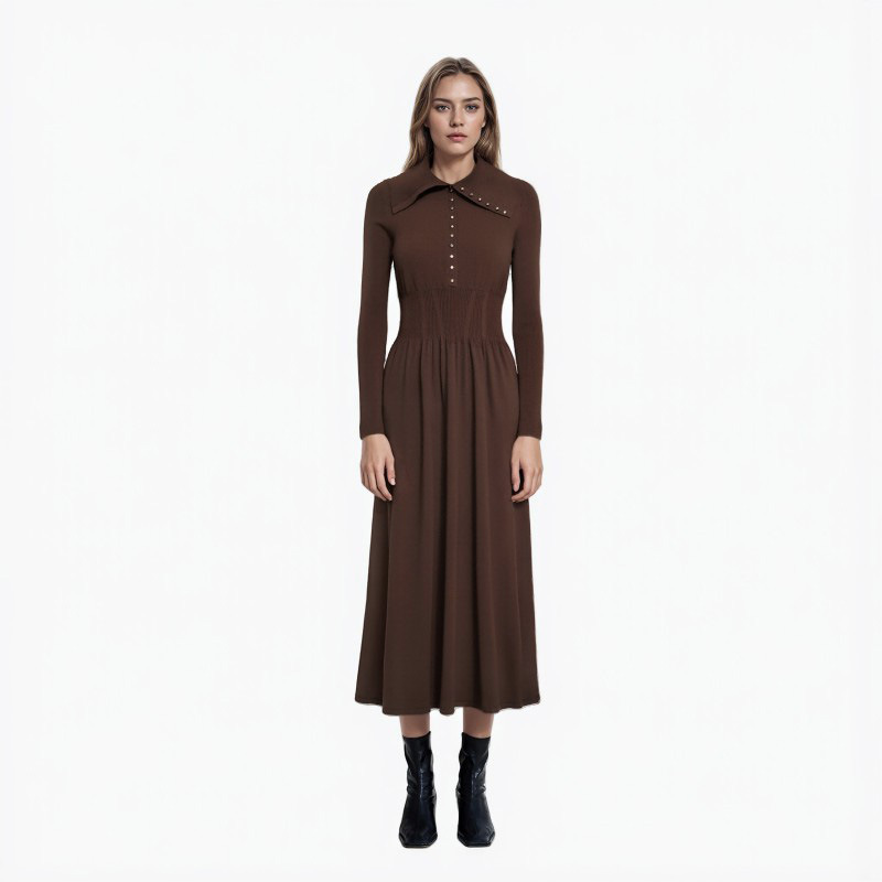 Autumn and Winter Elegant Coffee Color Lapel Long-Sleeved Single-Breasted Waist A-Line Pullover Wool Mid-Length Knitted Dress