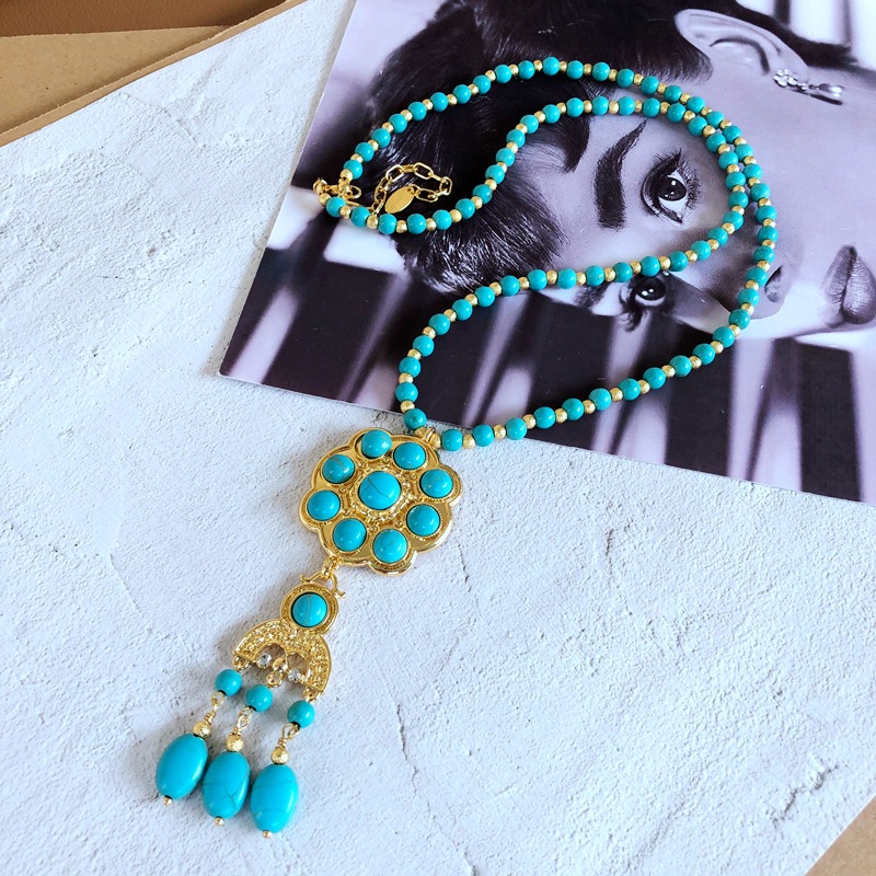 Wholesale Jewelry Vintage Turquoise Stone Pendant Long Necklace Earrings Nihaojewelry display picture 4