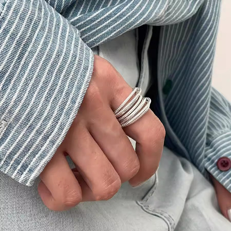 Multi-layered Silver Ring Designer Minimalist Hollow Mesh Band_voghion.com