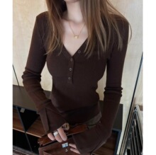 设计感V领收腰羊毛针织衫女秋冬修身打底衫显瘦内搭上衣