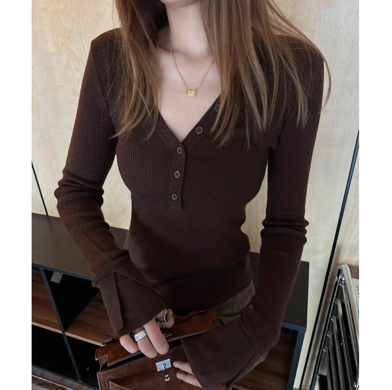 Design Sense V-neck Wool Sweater Women's Autumn and Winter Slim-fit Base Shirt Slim Inner Top